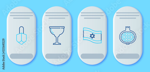 Set line Jewish goblet, Flag of Israel, Hanukkah dreidel and Pomegranate icon. Vector