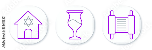 Set line Torah scroll, Jewish synagogue and goblet icon. Vector