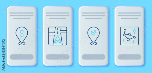 Set line Gps device with map, Location check mark, Cash location and Great Bear constellation icon. Vector