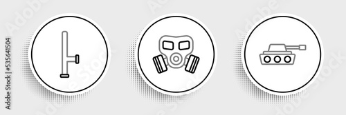 Set line Military tank, Police rubber baton and Gas mask icon. Vector