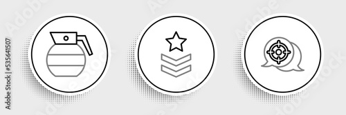 Set line Target sport, Hand grenade and Military rank icon. Vector