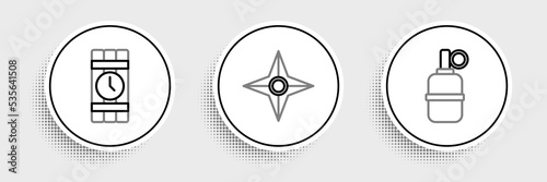 Set line Hand grenade, Dynamite timer clock and Japanese ninja shuriken icon. Vector
