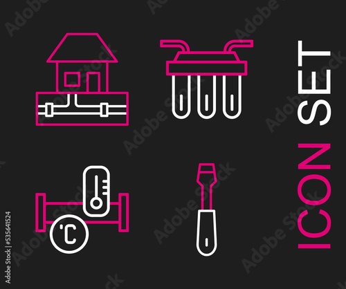 Set line Screwdriver, Industry metallic pipe, Water filter and supply pipes icon. Vector