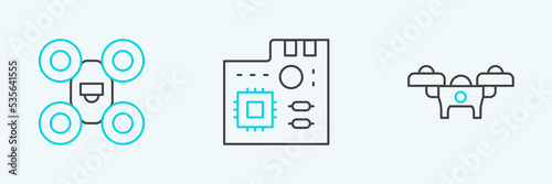 Set line Drone, and Motherboard digital chip icon. Vector