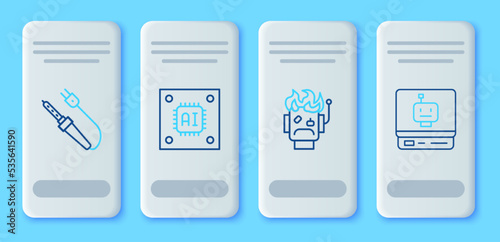 Set line Processor with microcircuits CPU, Robot burned out, Soldering iron and icon. Vector