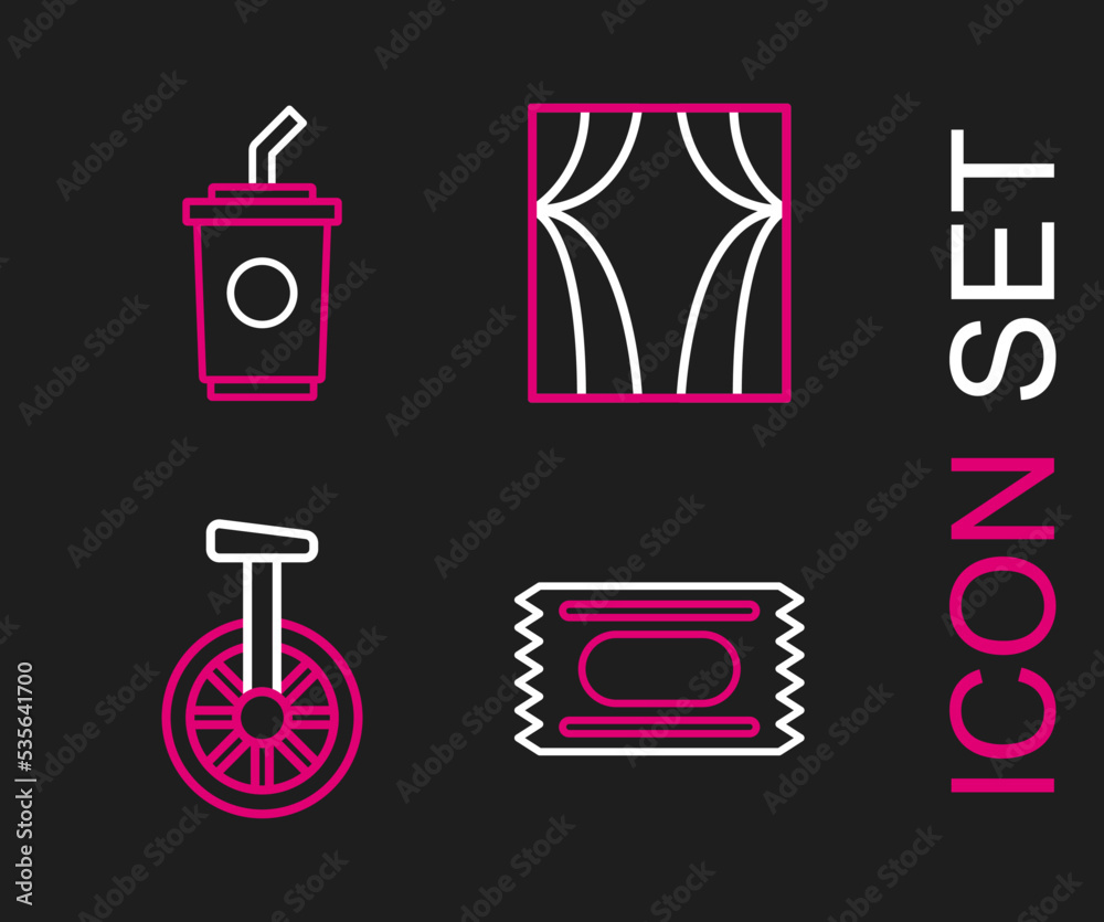 Set line Circus ticket, Unicycle or one wheel bicycle, curtain raises and Paper glass with water icon. Vector Set line Circus ticket, Unicycle or one wheel bicycle, curtain raises and Paper glass with water icon. Vector