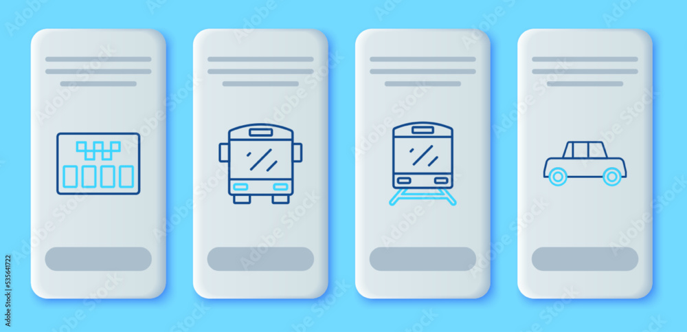 Set line Bus, Train, Taximeter and Car icon. Vector Set line Bus, Train, Taximeter and Car icon. Vector