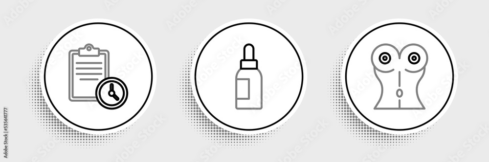 Set line Women waist, Sport training program and Essential oil bottle icon. Vector Set line Women waist, Sport training program and Essential oil bottle icon. Vector