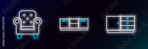 Set line Chest of drawers, Armchair and Furniture nightstand icon. Glowing neon. Vector