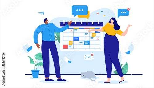 Work calendar and people - Two businesspeople in casual clothes working on time and schedule for the month. Flat design cartoon illustration with white background