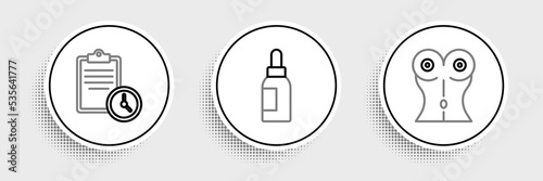 Set line Women waist, Sport training program and Essential oil bottle icon. Vector