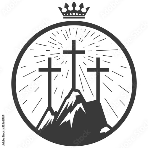 Three crosses on Golgotha, crucifixion hill in jerusalem, biblical Calvary, vector