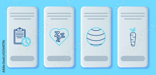 Set line Sleepy, Fitness ball, Sport training program and Carrot icon. Vector