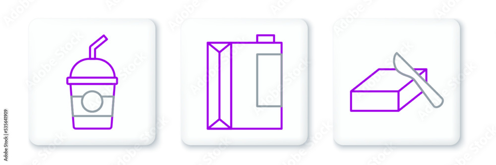 Set line Butter in a butter dish, Milkshake and Paper package for kefir icon. Vector Set line Butter in a butter dish, Milkshake and Paper package for kefir icon. Vector