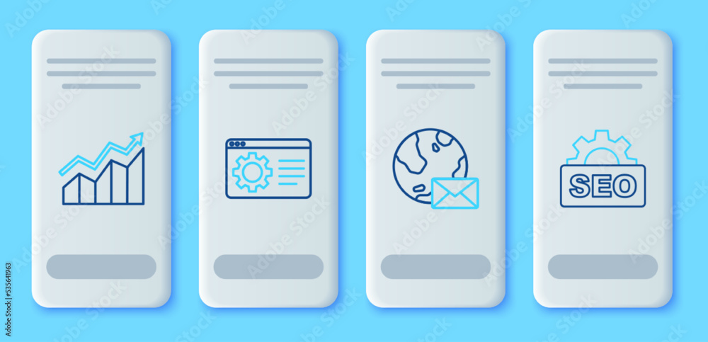 Set line Browser setting, Earth globe with mail, Financial growth increase and SEO optimization icon. Vector Set line Browser setting, Earth globe with mail, Financial growth increase and SEO optimization icon. Vector