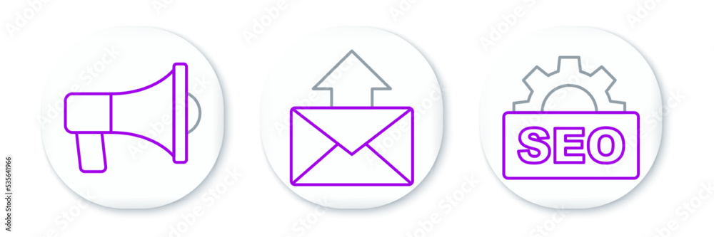 Set line SEO optimization, Megaphone and Mail and e-mail icon. Vector Set line SEO optimization, Megaphone and Mail and e-mail icon. Vector