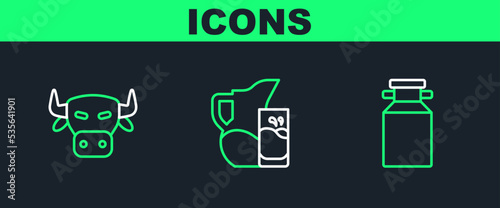 Set line Can container for milk, Cow head and Milk jug pitcher and glass icon. Vector