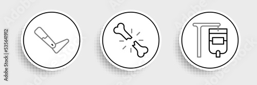 Set line IV bag, Prosthesis leg and Human broken bone icon. Vector