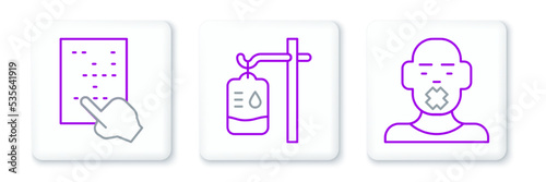 Set line Head of deaf and dumb, Braille and IV bag icon. Vector