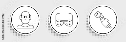 Set line Prosthesis hand, Poor eyesight and Blind glasses icon. Vector