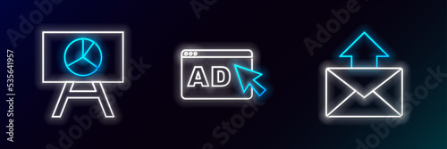 Set line Mail and e-mail, Board with graph chart and Advertising icon. Glowing neon. Vector