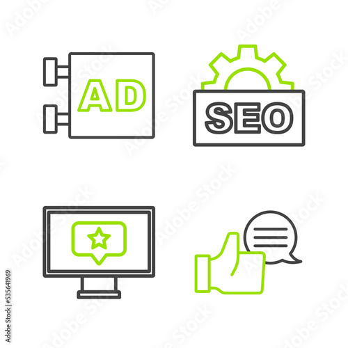 Set line Customer product rating, Monitor with star, SEO optimization and Advertising icon. Vector
