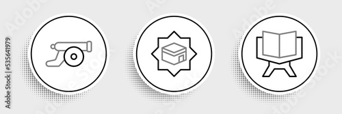 Set line Holy book of Koran, Ramadan cannon and Kaaba mosque icon. Vector