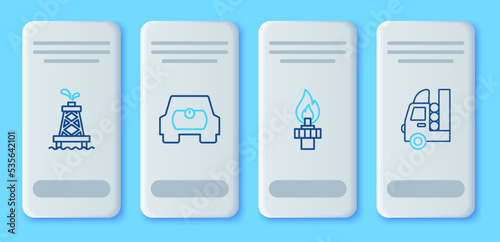 Set line Gas tank for vehicle, Oil rig with fire, and icon. Vector