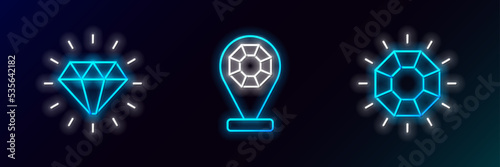 Set line Diamond, and Jewelry store icon. Glowing neon. Vector