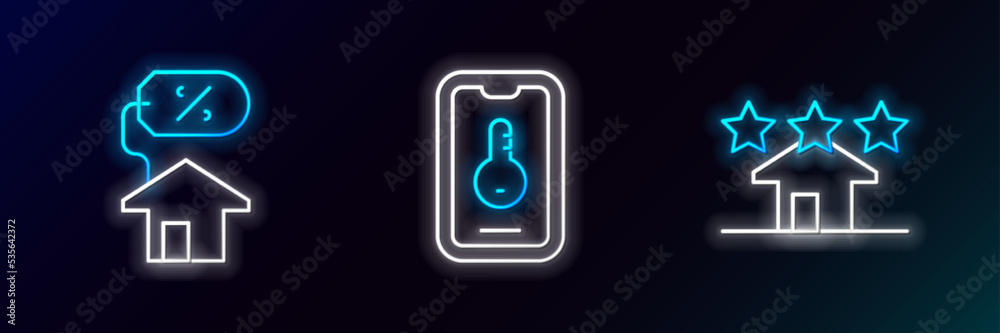 Set line Real estate, House with percant and Online real icon. Glowing neon. Vector Set line Real estate, House with percant and Online real icon. Glowing neon. Vector