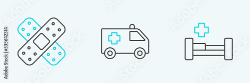 Set line Hospital bed, Crossed bandage plaster and Ambulance car icon. Vector