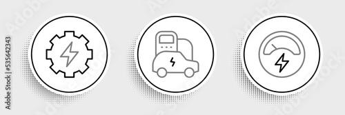 Set line Voltmeter, Gear and lightning and Electric car icon. Vector