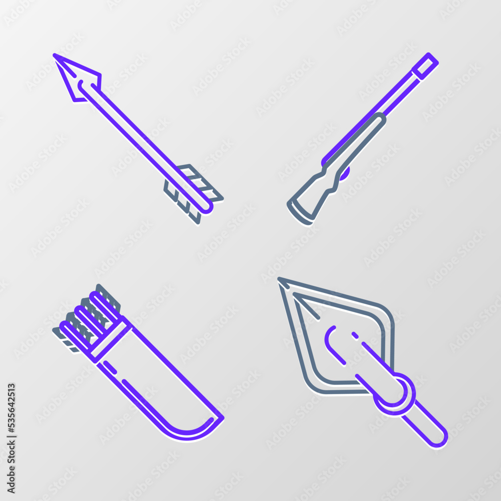 Set line Hipster arrow tip, Quiver with arrows, Hunting gun and icon. Vector Set line Hipster arrow tip, Quiver with arrows, Hunting gun and icon. Vector