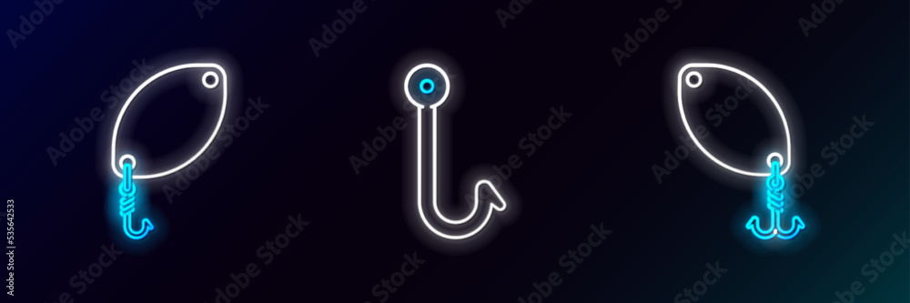 Set line Fishing spoon, and hook icon. Glowing neon. Vector