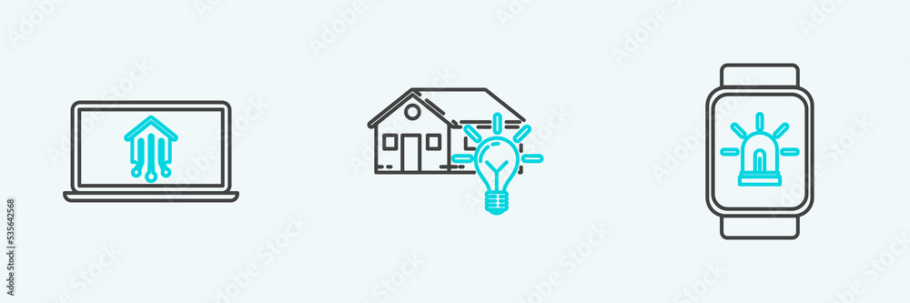 Set line Smart watch with smart house and alarm, Laptop home and light bulb icon. Vector Set line Smart watch with smart house and alarm, Laptop home and light bulb icon. Vector