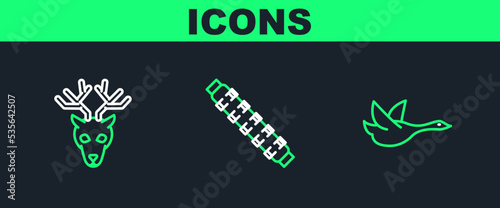 Set line Flying duck, Deer head with antlers and Hunting cartridge belt cartridges icon. Vector