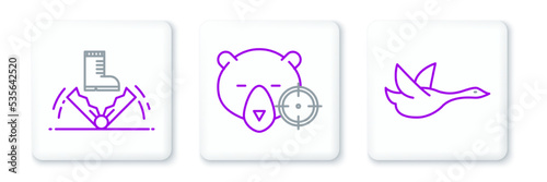 Set line Flying duck, Trap hunting and Hunt on bear with crosshairs icon. Vector