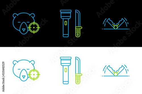 Set line Trap hunting, Hunt on bear with crosshairs and Flashlight and knife icon. Vector