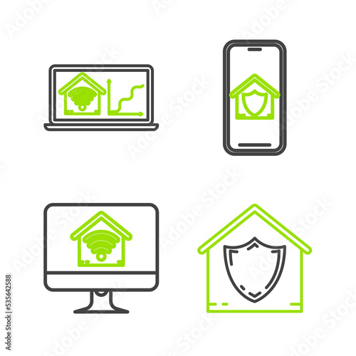 Set line House under protection, Computer monitor with smart home with wi-fi, Mobile phone house and Laptop icon. Vector