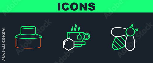 Set line Bee, Beekeeper with protect hat and Cup of tea honey icon. Vector
