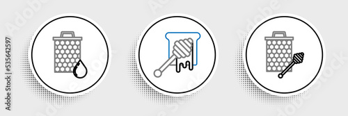 Set line Honeycomb with honey dipper stickicon, and dripping icon. Vector