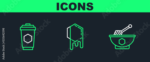 Set line Honey dipper stick and bowl, Cup of tea with honey and Honeycomb icon. Vector