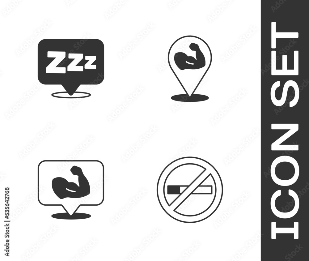 Set No Smoking, Sleepy, Bodybuilder muscle and icon. Vector
