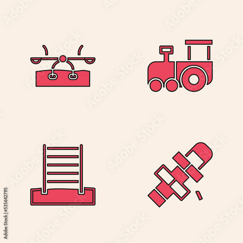 Set Hopscotch, Seesaw, Toy train and Swedish wall icon. Vector
