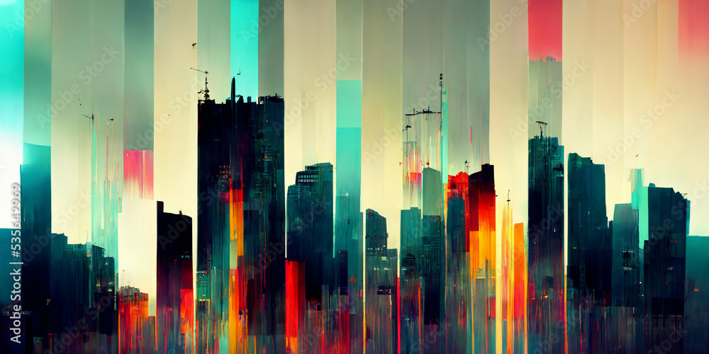 Fototapeta premium Cityscape. Glitch colorful metropolitan scenery. Abstract modern cityscape background. Skyscrapers