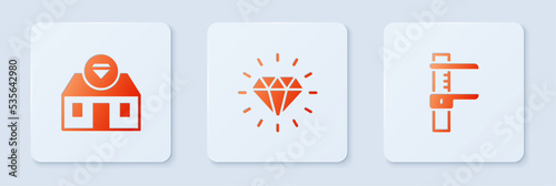 Set Diamond, Jewelry store and Calliper caliper and scale. White square button. Vector