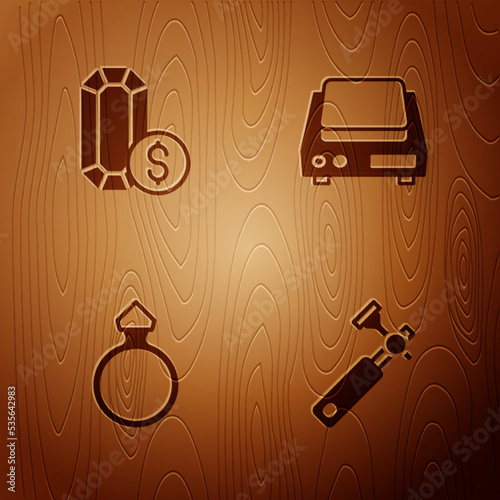 Set Jewelers lupe, Jewelry online shopping, Diamond engagement ring and Electronic jewelry scales on wooden background. Vector