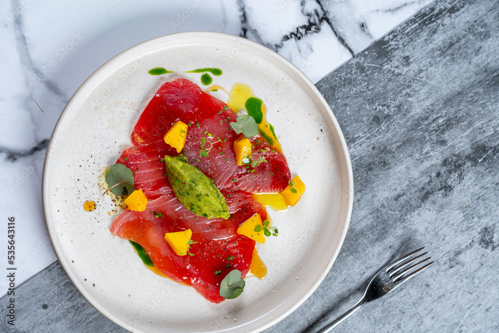 red fish on a plate, pesto, dish red fish on a plate, pesto, dish