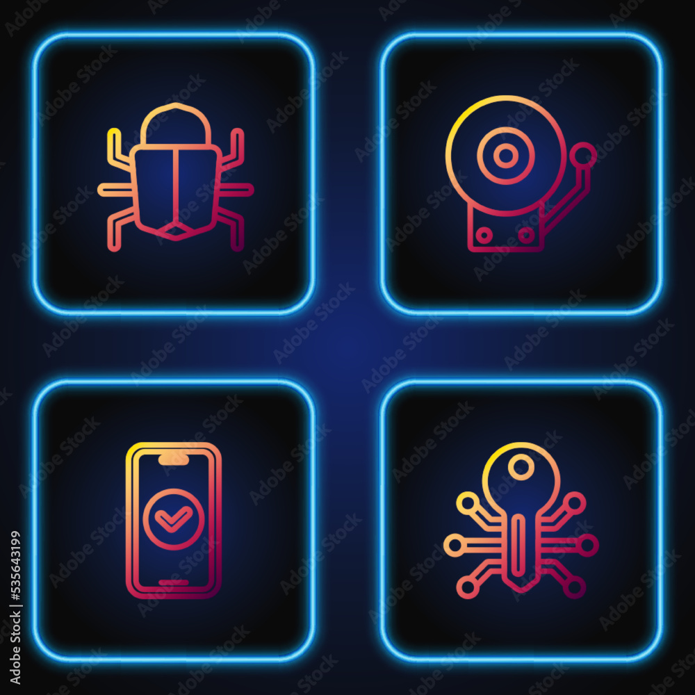 Set line Smart key, Smartphone, System bug and Ringing alarm bell. Gradient color icons. Vector Set line Smart key, Smartphone, System bug and Ringing alarm bell. Gradient color icons. Vector