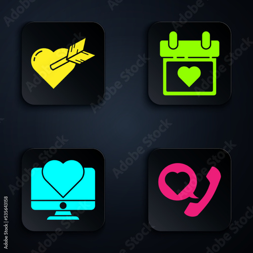Set Telephone with heart speech bubble, Amour with heart and arrow, Computer monitor with heart and Calendar with heart. Black square button. Vector